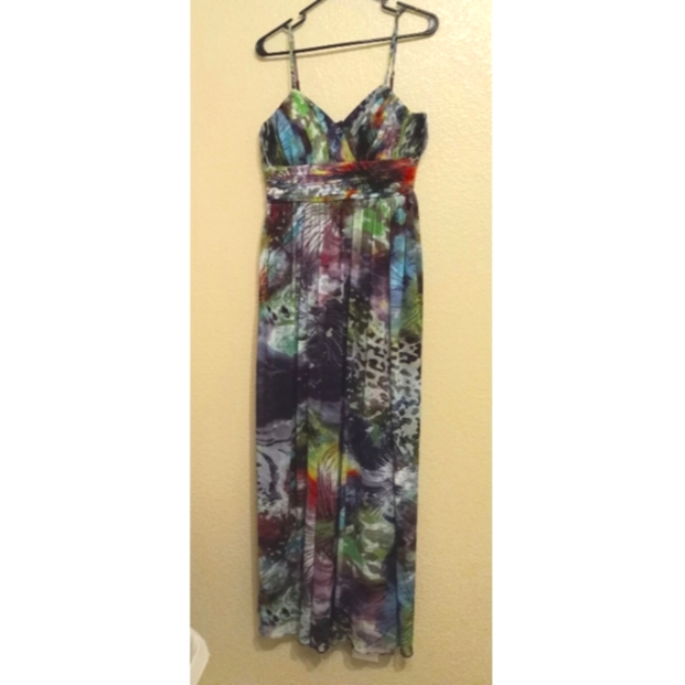 Decode 1.8 Green Blue Pink Abstract Print Gown Dress